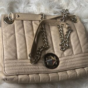 Kate Spade XL Nude Tan Beige Quilted Leather Shoulder Bag Chain Strap Crossbody